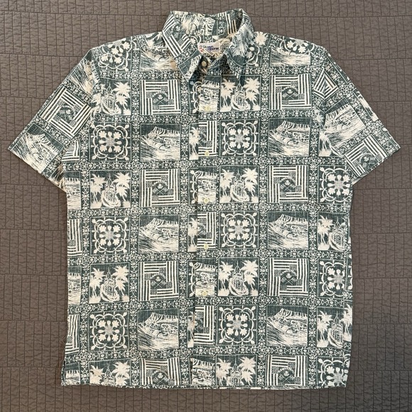 Reyn Spooner Shirt Men Large Green White Hawaii Ponoi Flag Rowing Tapa Aloha AOP - Picture 1 of 10